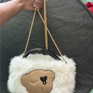White Faux Fur Crossbody Bag with Teddy Accent